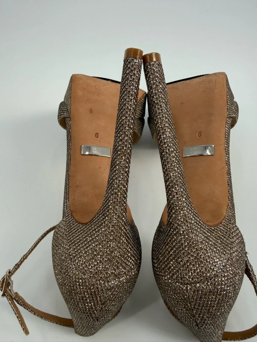 Badgley Mischka Gold Glitter Platform Stiletto Heels Ankle Strap Evening SZ 9